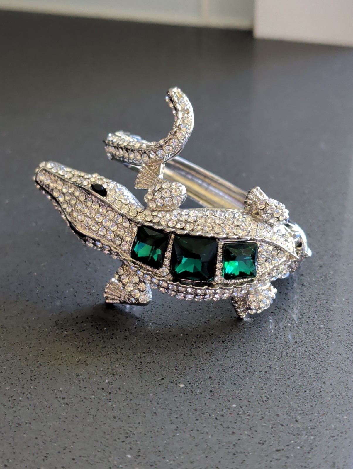 Bracelet Alligator Crocodile Green Rhinestone Pave Setting Hinged Cuff READ Q135