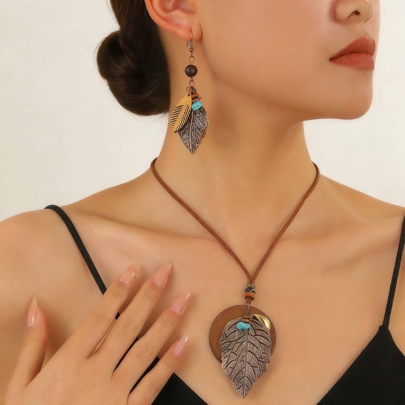 Women’s Retro Bohemian Leaf Shaped Pendant Earrings Necklace Jewelry Set Alloy