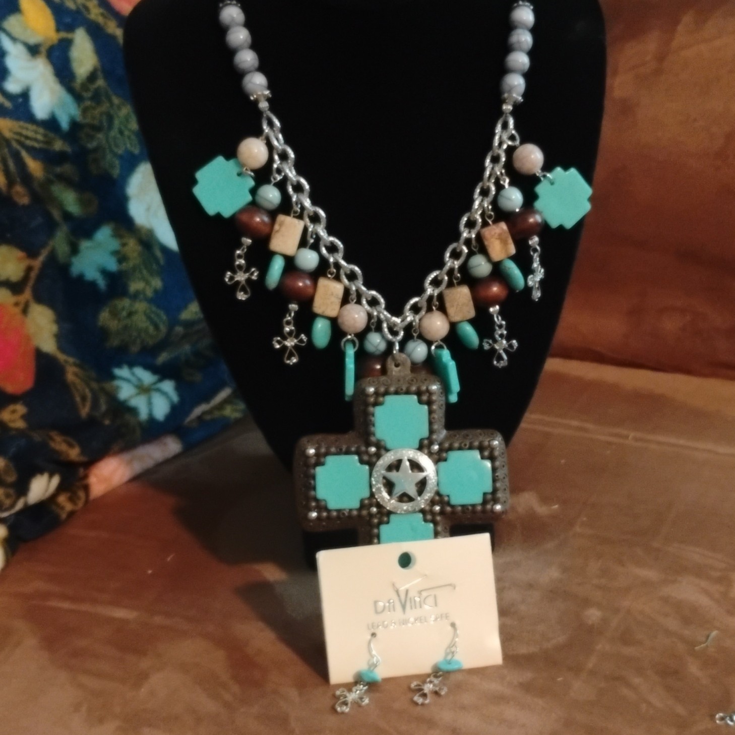 DaVinci Turquoise Cross Necklace & Dangle Earrings Jewelry Set Nickel-Free