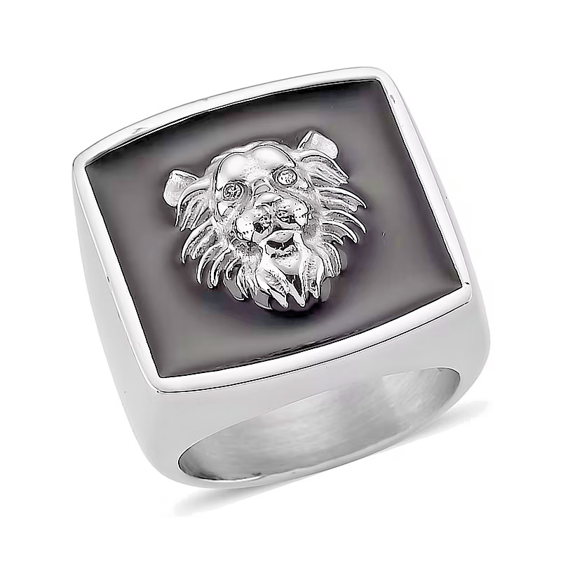 Men’s Enameled Lion Ring-Simulated Diamond Eyes-316L Stainless Steel Sz 6.0 NEW