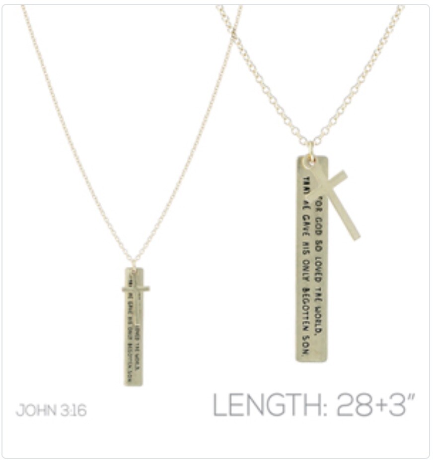 Cross Bar John 3:16 Message Charm Long Necklace (0.35×2.17in)(28+3in)