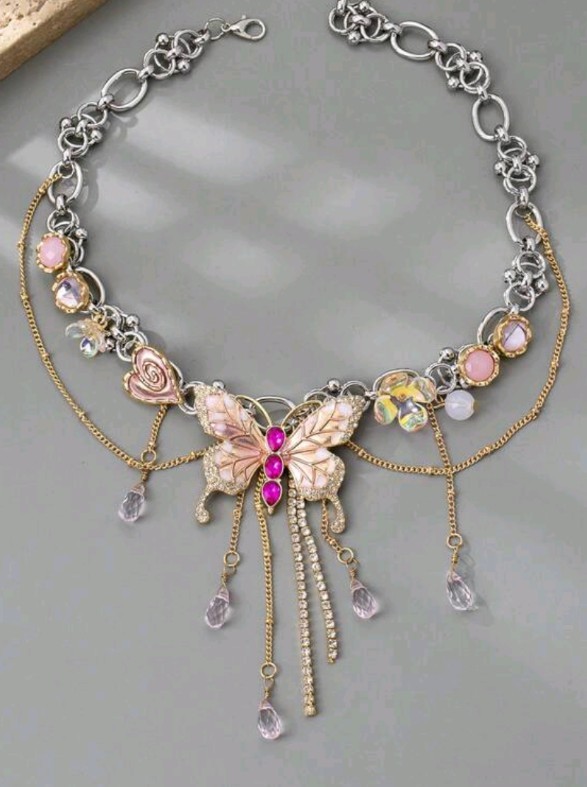 Rhinestone Enamel Butterfly Choker Necklace