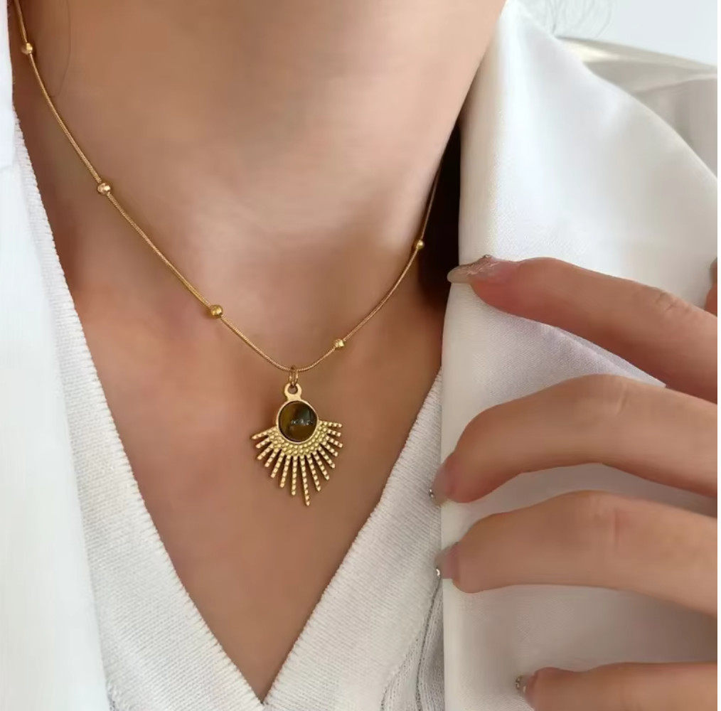 18K Gold Tiger’s Eye Sunburst Pendant Necklace 18″