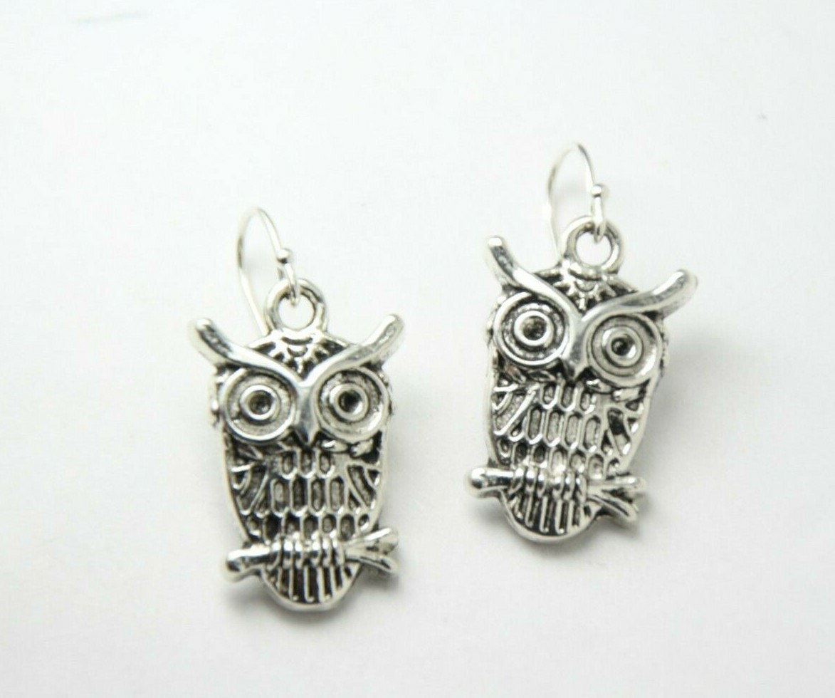 Owl Charm Earrings 925 sterling silver hooks pewter charms 1 1/4″ bird wing Hoot