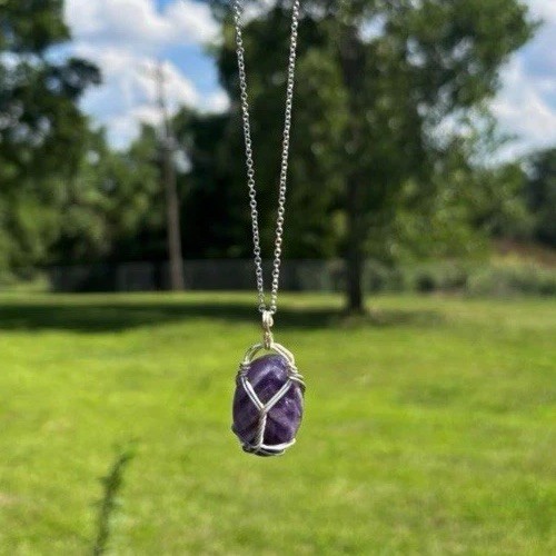 wire wrapped amethyst crystal pendant with 16 inch silver plated chain