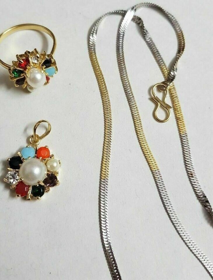 Navratan Attractive Combo Offer Earrings Pendant Chain Ring Cubic Zirconia AD GP