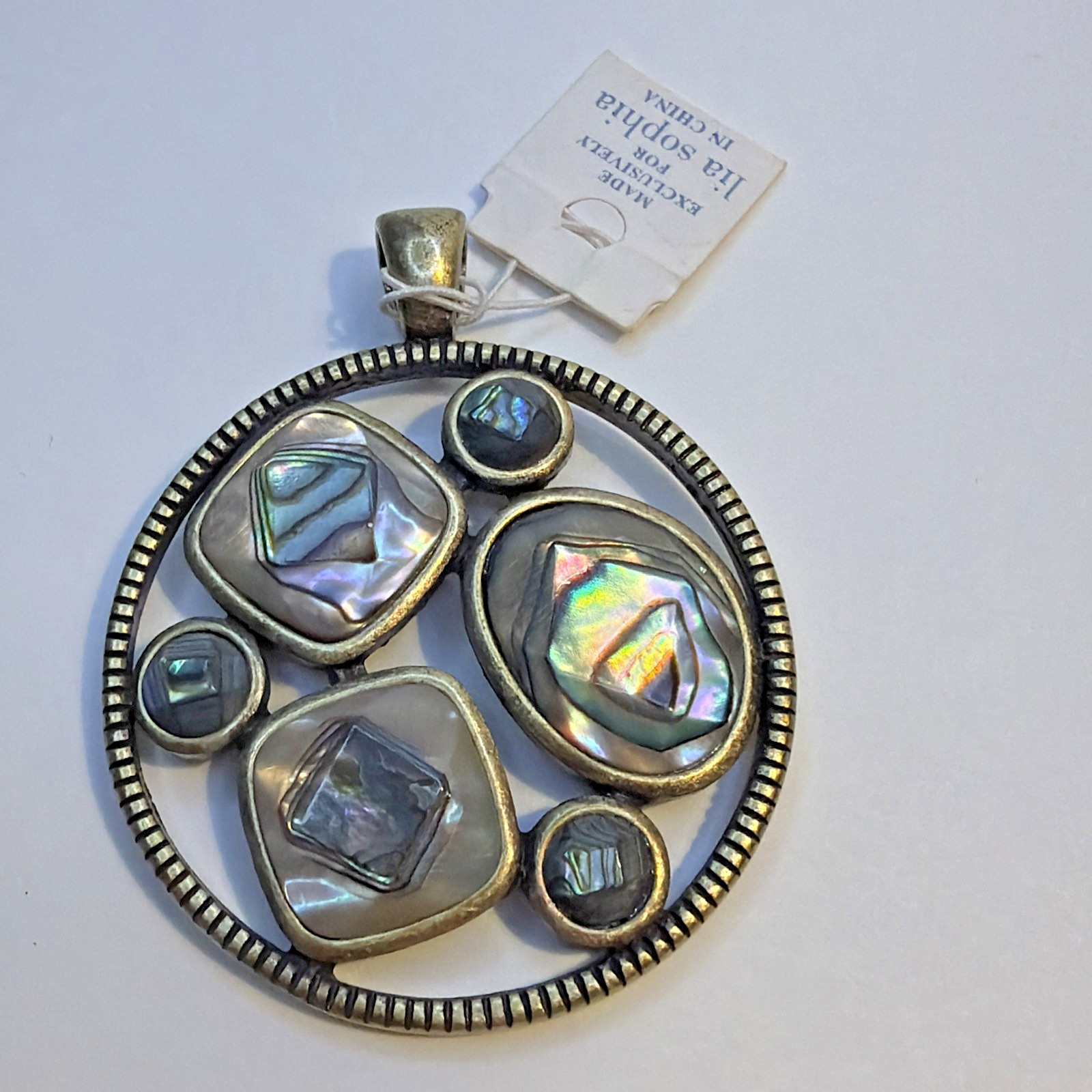 NWT Lia Sophia Antiqued Brass Abalone Shell Round Statement Pendant Mosaic Boho