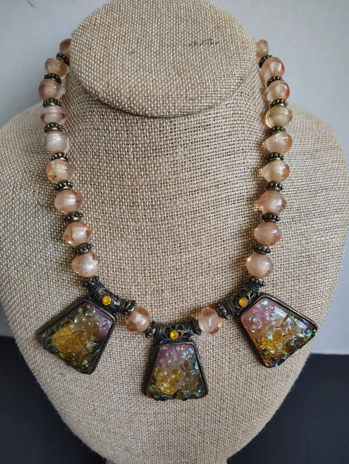 Peach Iridescent Resin Trapezoid and Beaded Statement Necklace