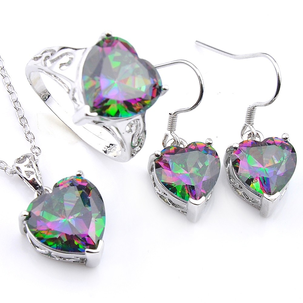Heart Valentine’s Set Natural Rainbow Mystic Topaz Silver Pendant Earrings Rings