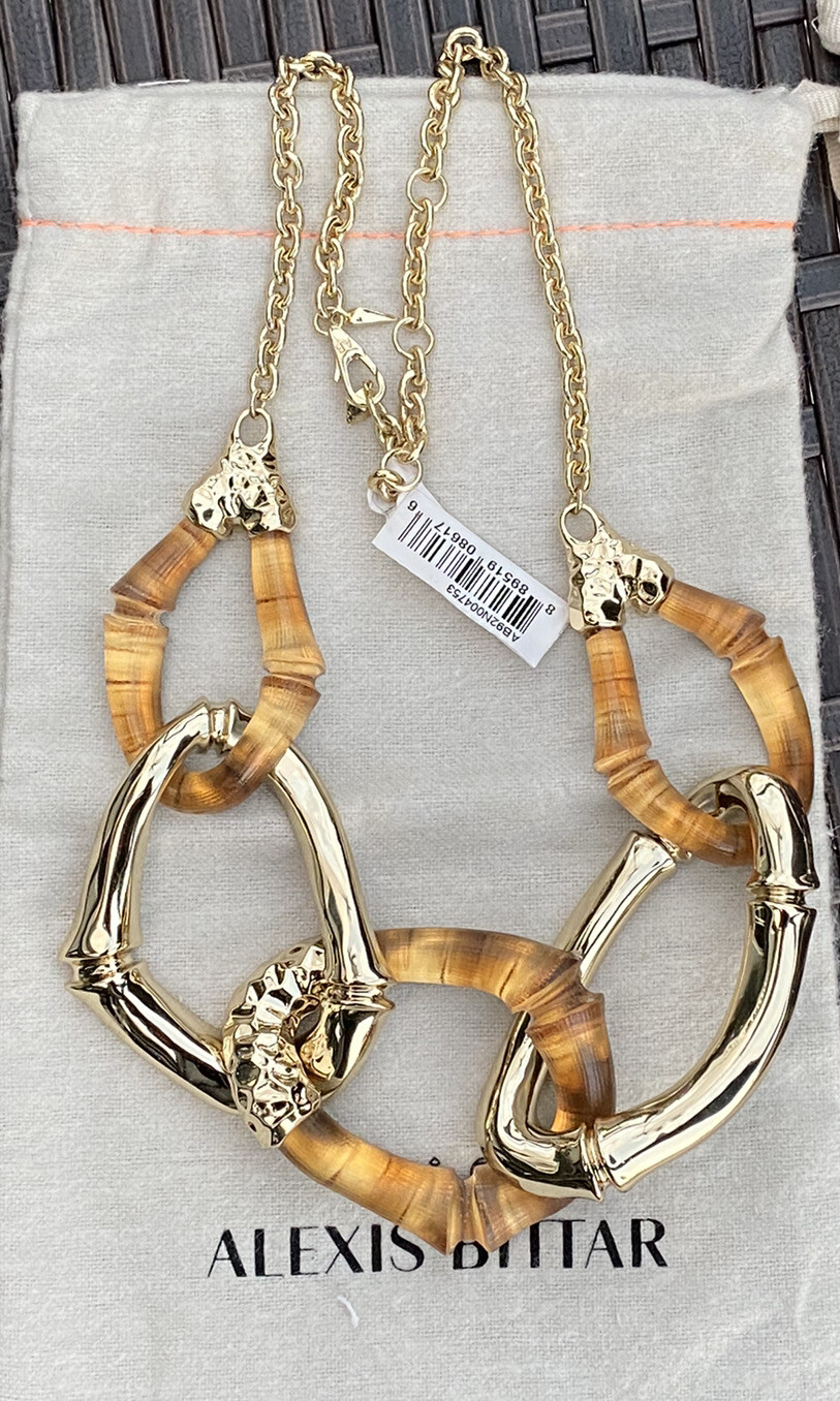 100% Authentic Alexis Bittar Large Gold/ Amber Lucite Bamboo Link Necklace $595