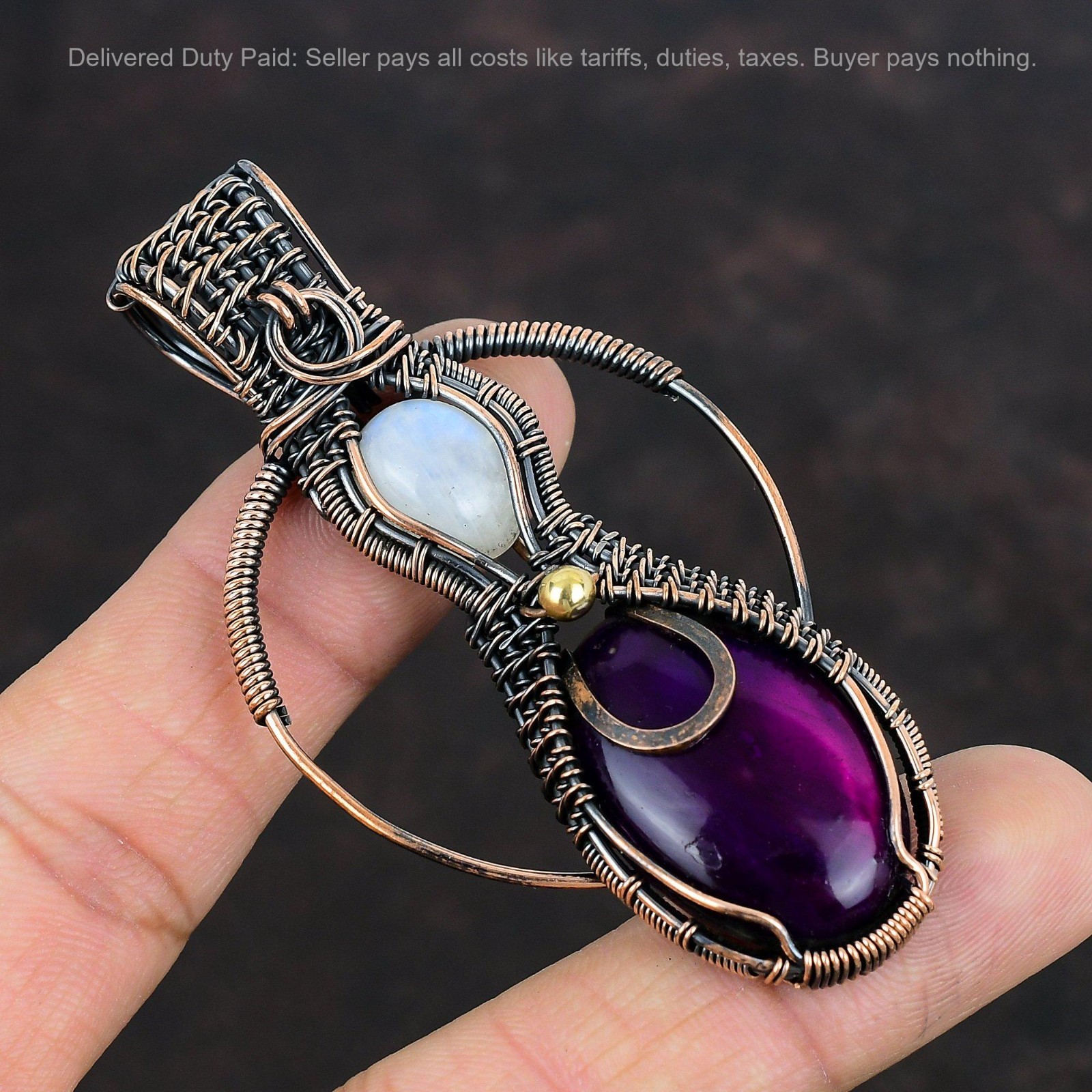 Purple Fire Labradorite Gemstone Rainbow Moonstone Copper Wire Wrapped Pendant