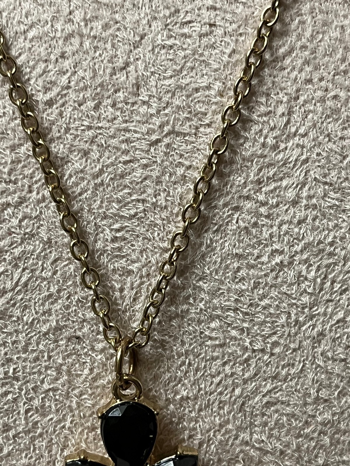 Vintage Style Gold Tone Necklace with Black and Clear Rhinestones Pendant