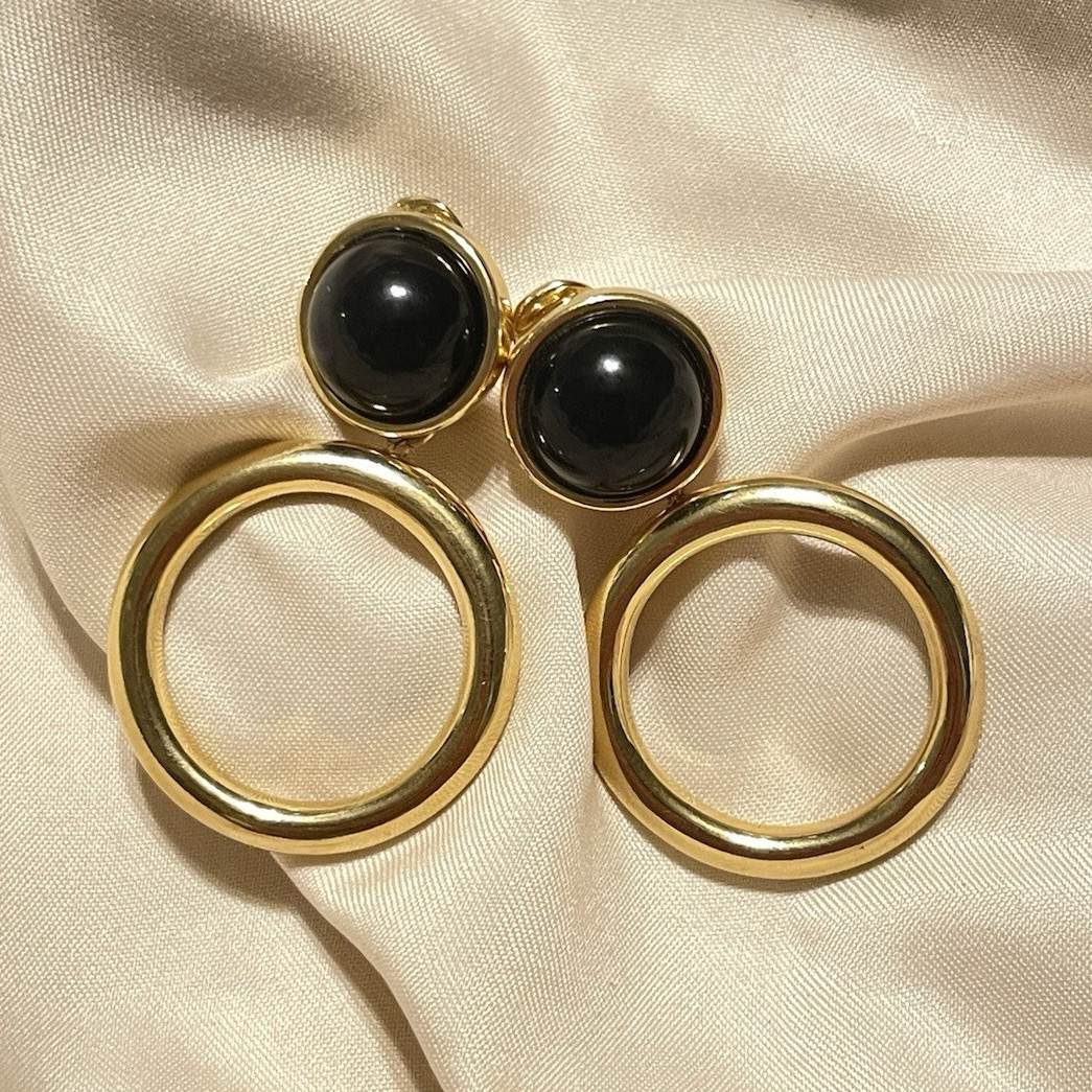 Vintage Monet Gold Tone Black Round Bezel Top Hoop Dangle Drop Clip-On Earrings