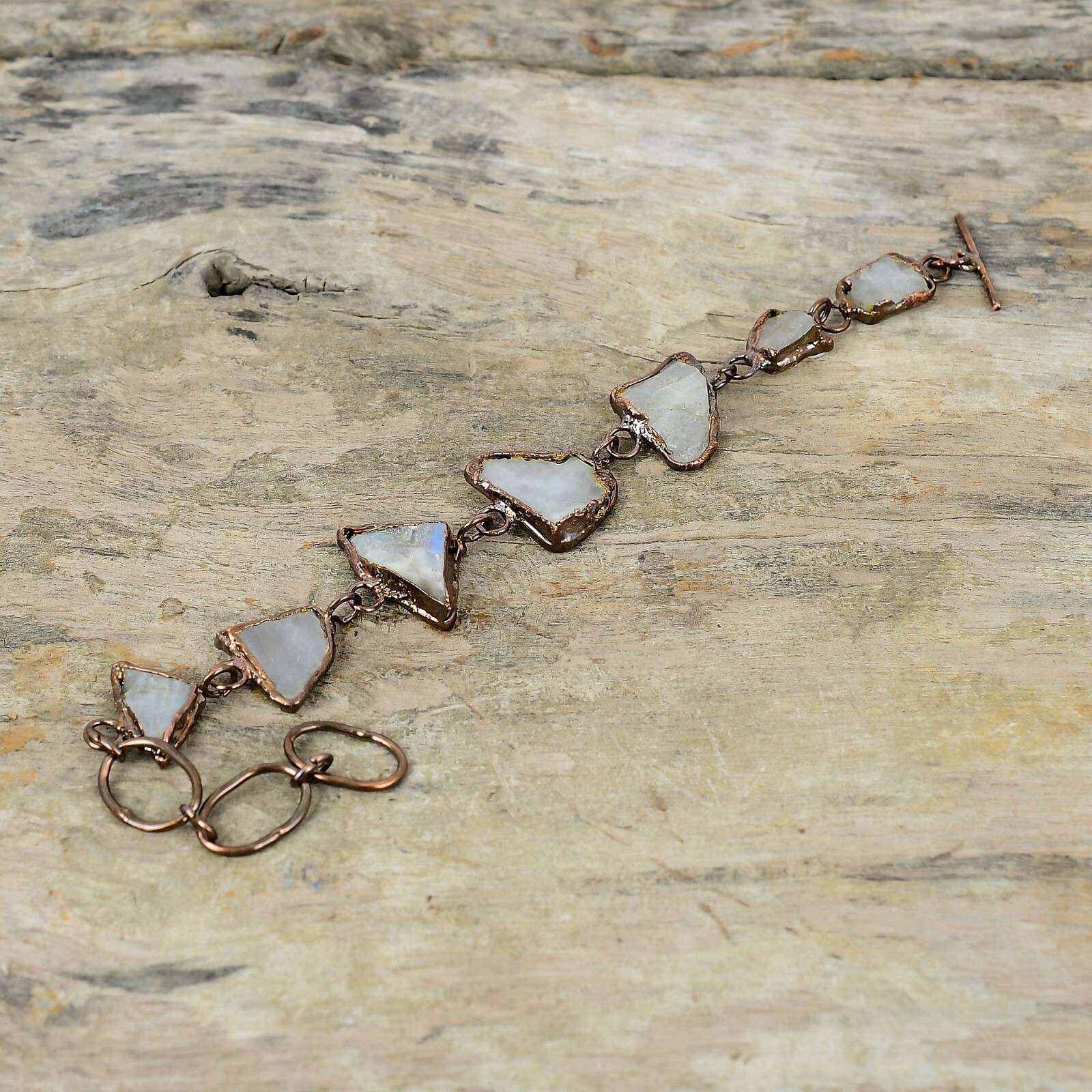 Rainbow Moonstone Rough Copper Mum Gift Electroformed Adjustable Bracelet 6.0″