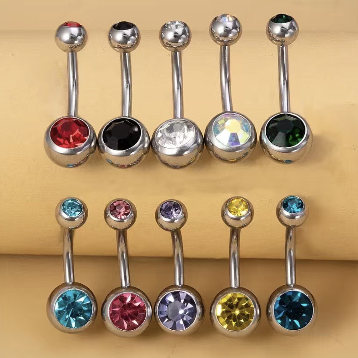 Double Jewel Gem Belly Button Ring Bar Navel Piercing Colourful Stainless Steel