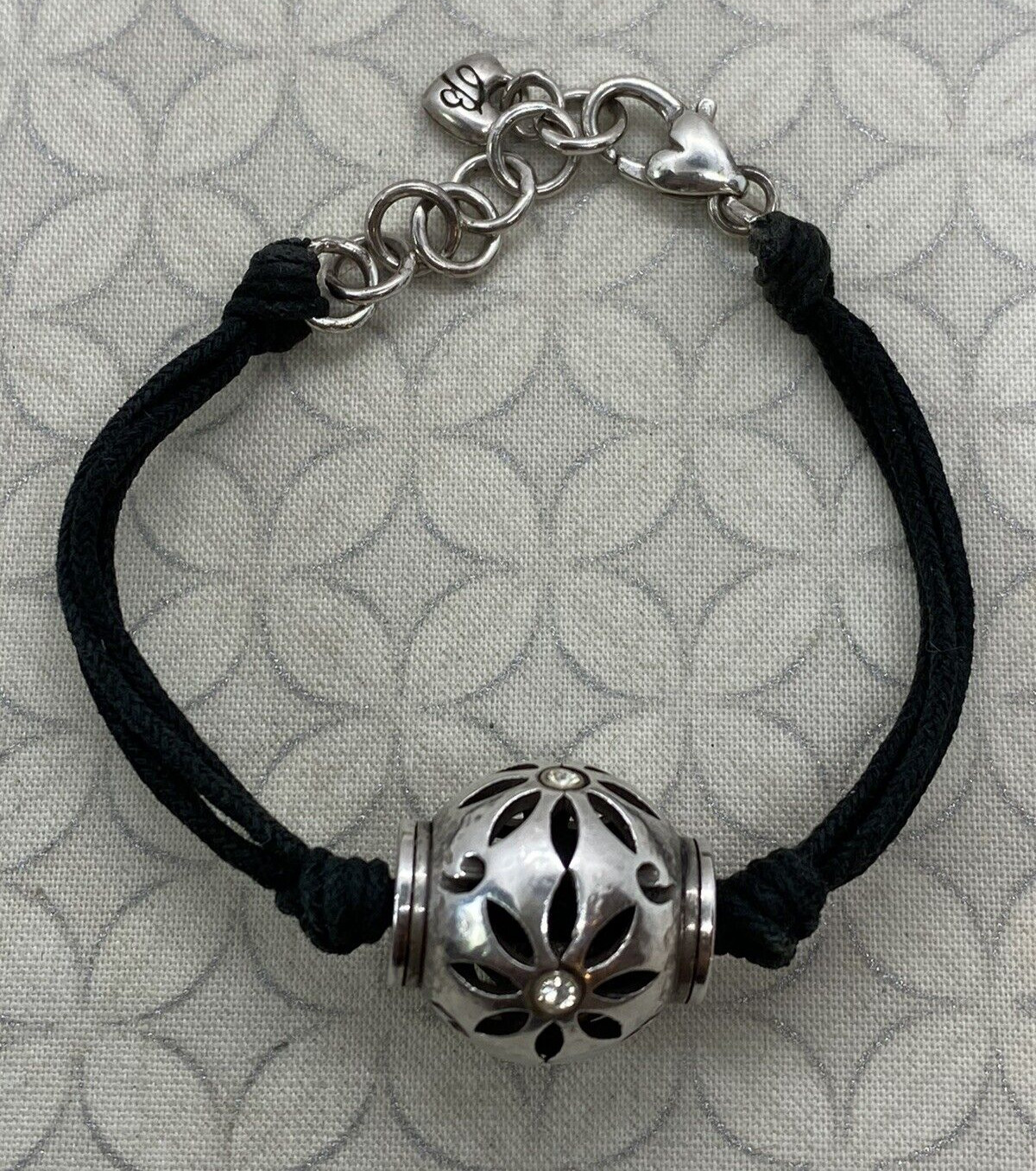 Brighton Trade Winds Silver Tone Corded Black Bracelet Round Flower bead Used
