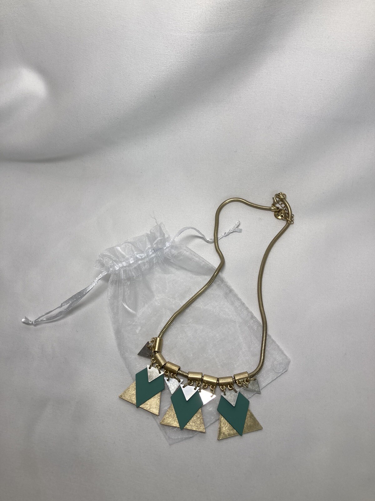 Plunder Necklace – Silver/Gold/ Green triangle on Gold Chain
