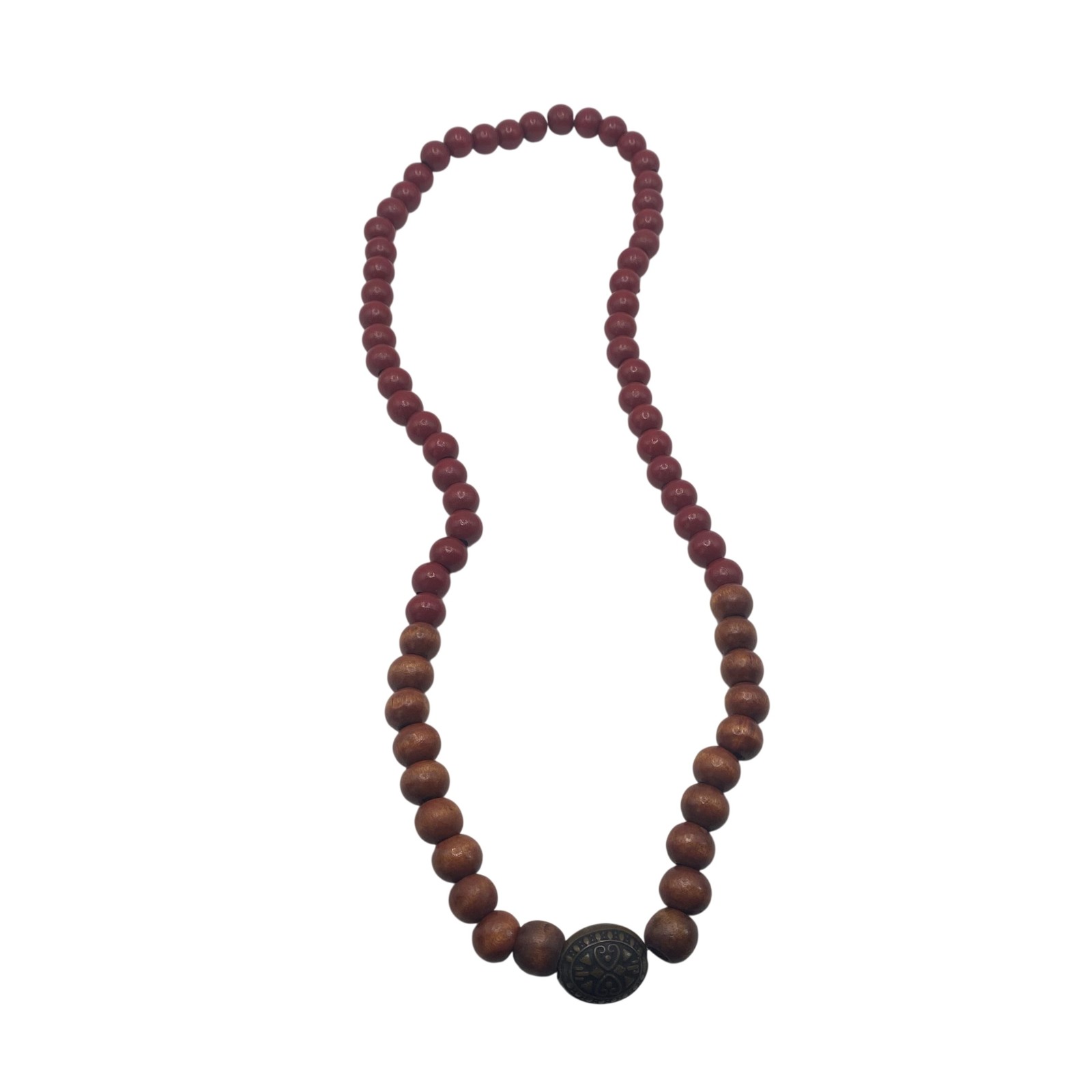 Brown Red Wood Beaded Necklace Brass Oval Center 24 In Boho Womens Jewelry