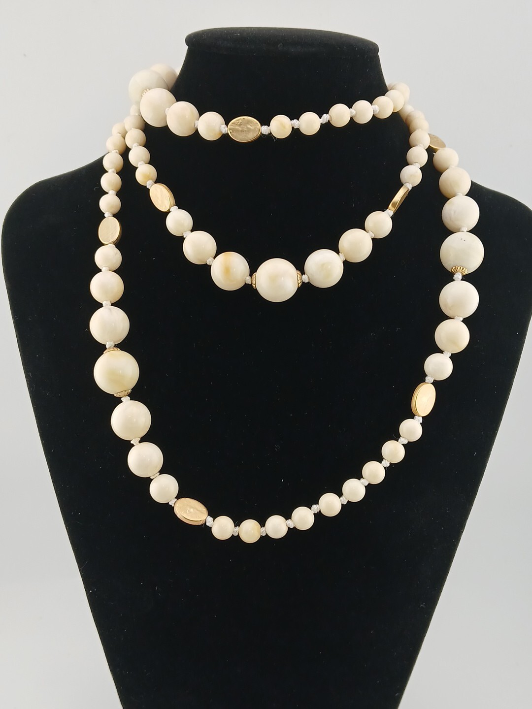 TALBOTS 48 in Multi Size Knotted Beige beads Gold Tone Accents Necklace
