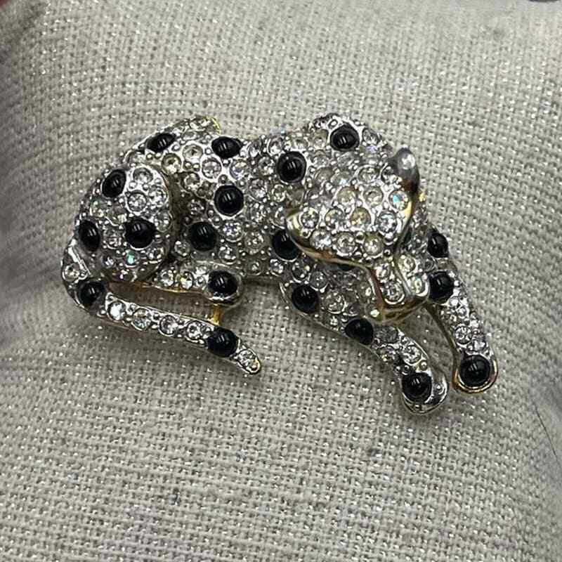 Panther Silver Gold Tone Rhinestones Black Cabochons Green Eye Brooch