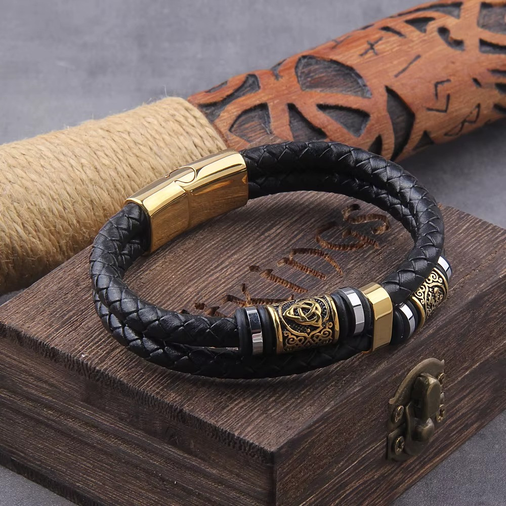 Viking Leather Bracelet Norse Runes Stainless Steel Braided Cuff