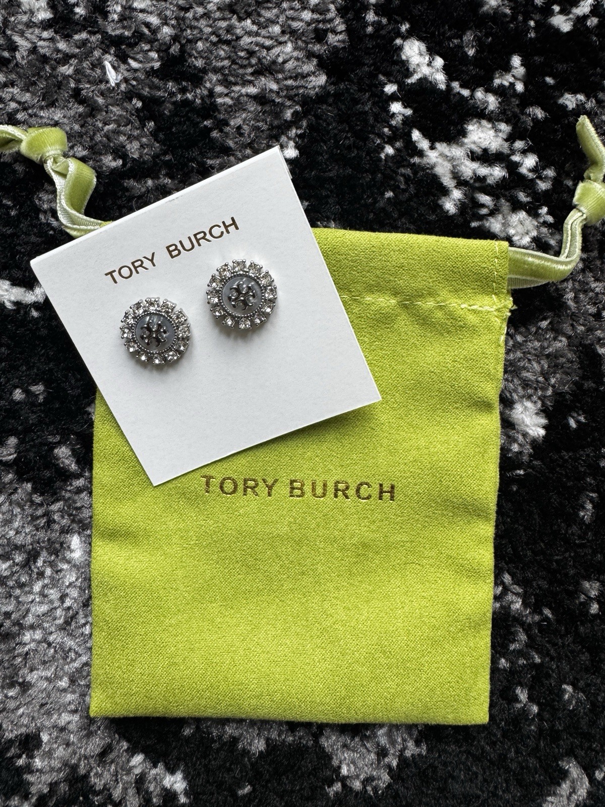 Tory Burch Round Logo Stud Earrings Silver Tone Crystal White Round Lobe