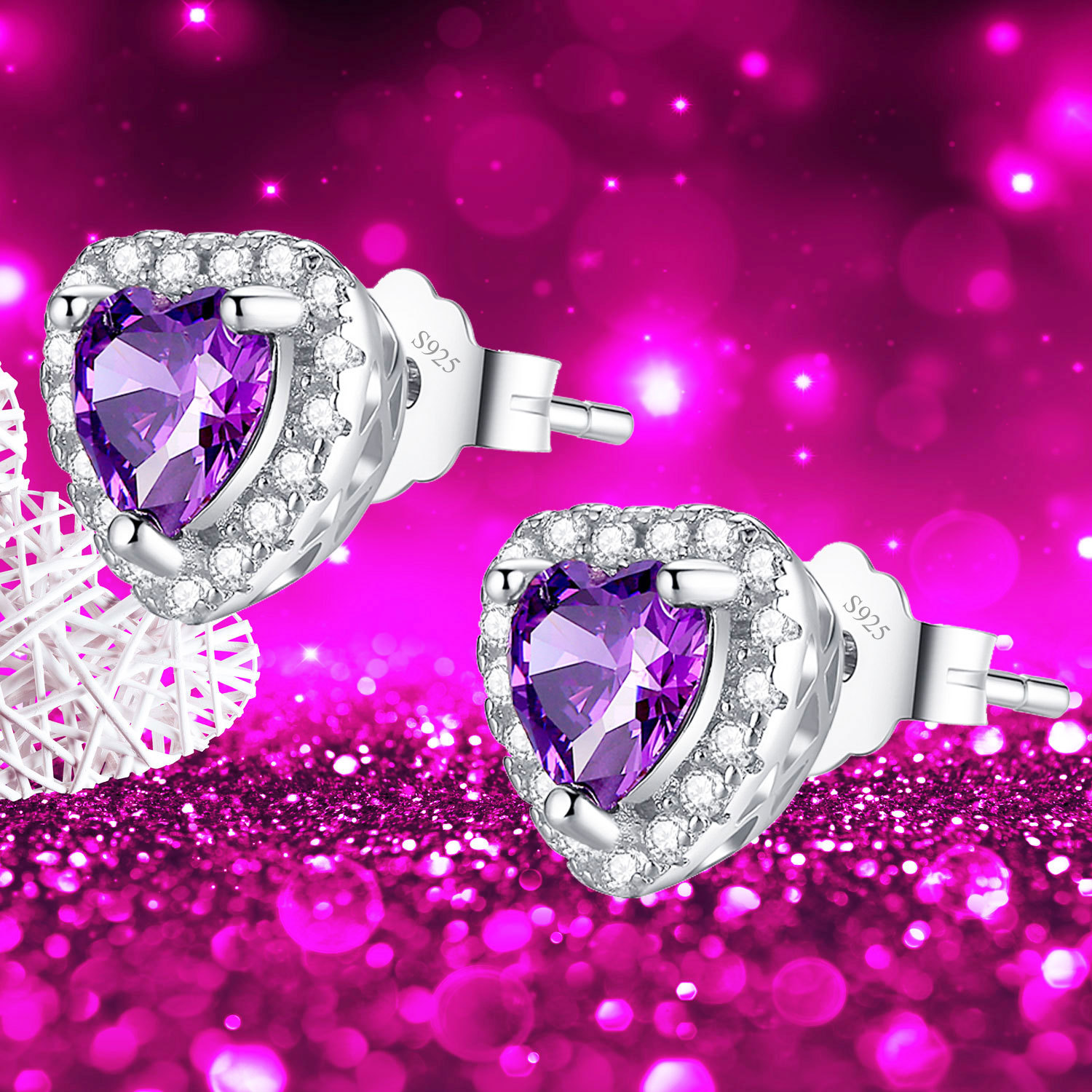 Sterling Silver 1.0 cttw Simulated Amethyst Heart Shaped Stud Earrings