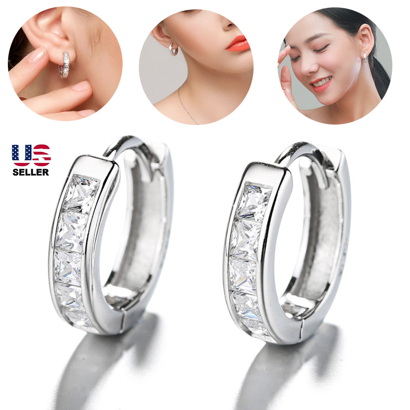 925 Solid Sterling Silver CZ Huggie Hoop Small Earrings For Men & Women USA
