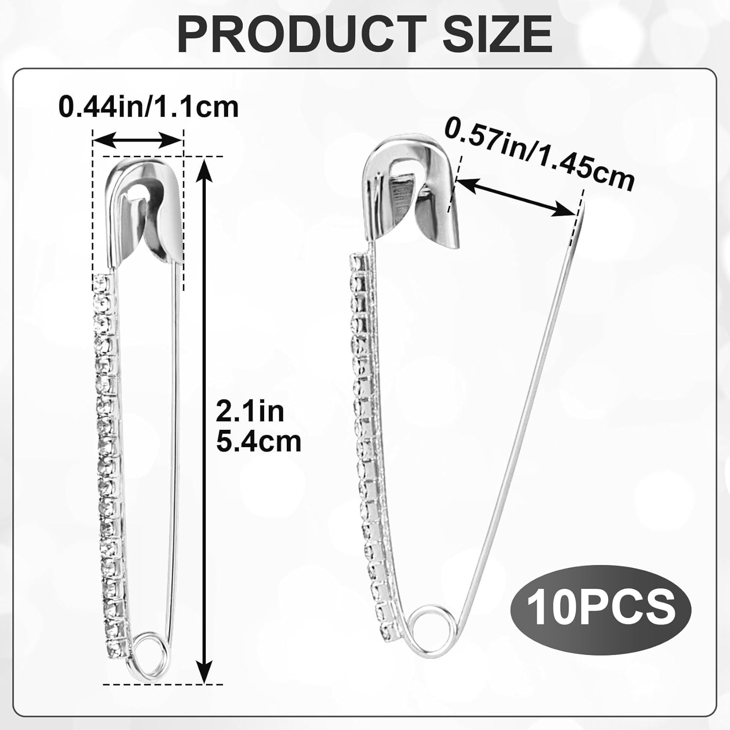 10Pcs Rhinestone Safety Pins, Silver Plated Crystal Brooch Pins, Women Safety Pi