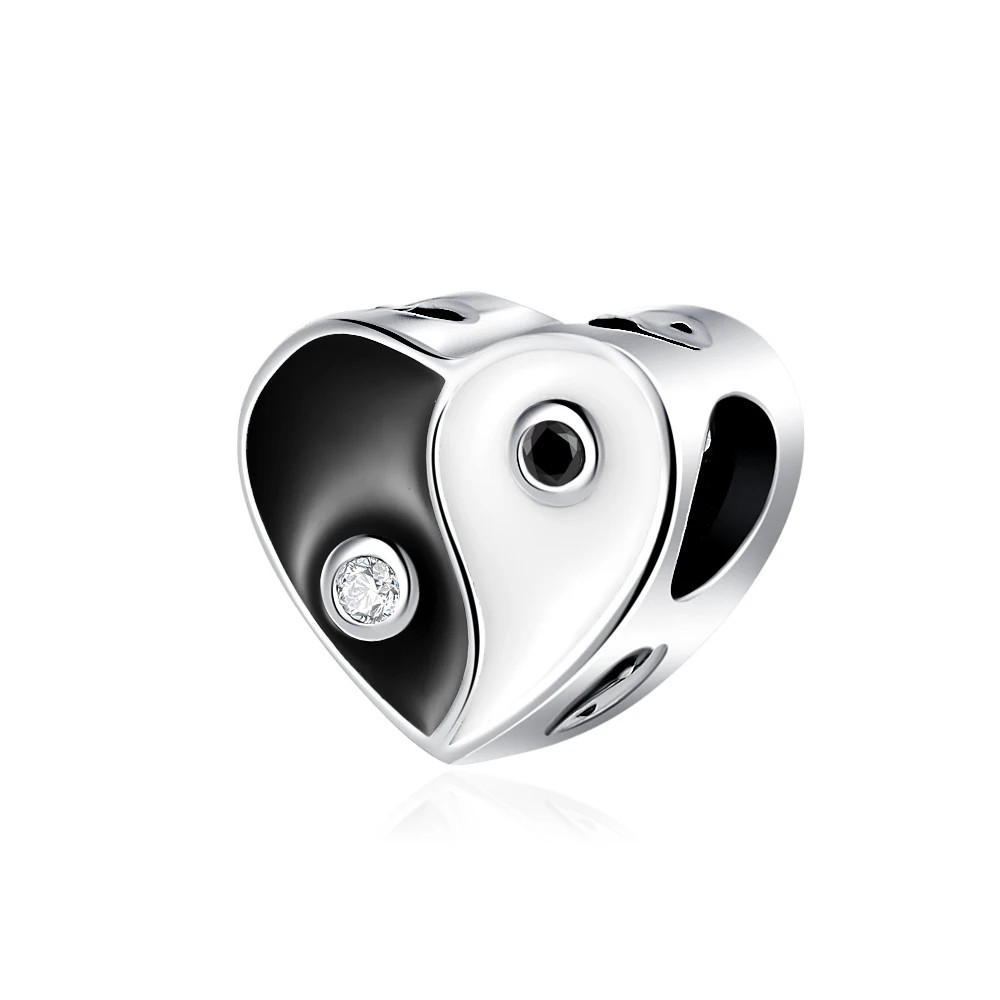Yin Yang Heart Symbol 925 Sterling Silver Charm for Bracelet or Necklace