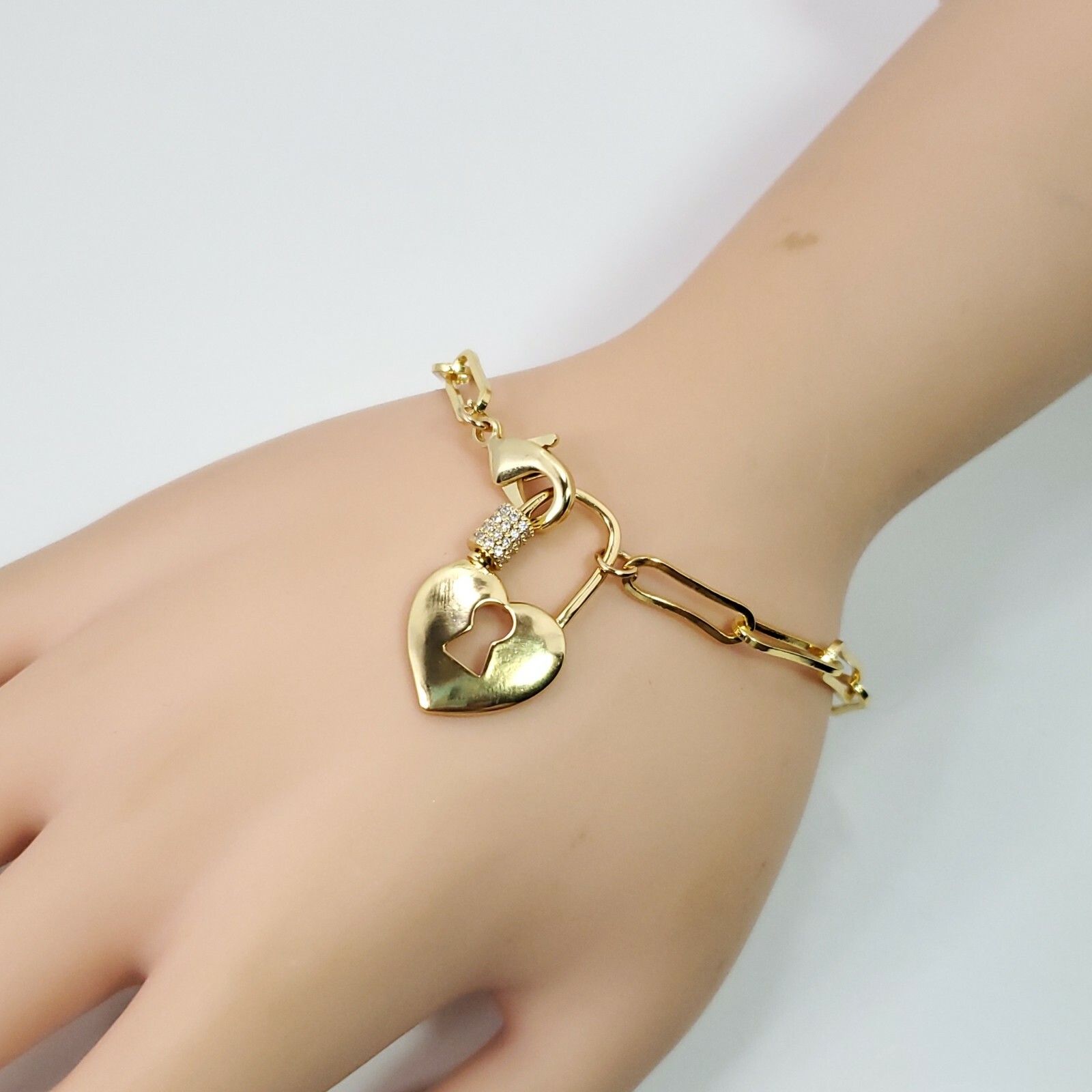 B0052 Gold Tone Metal Long Box Chain Heart Love Design Lock Shape Bracelet