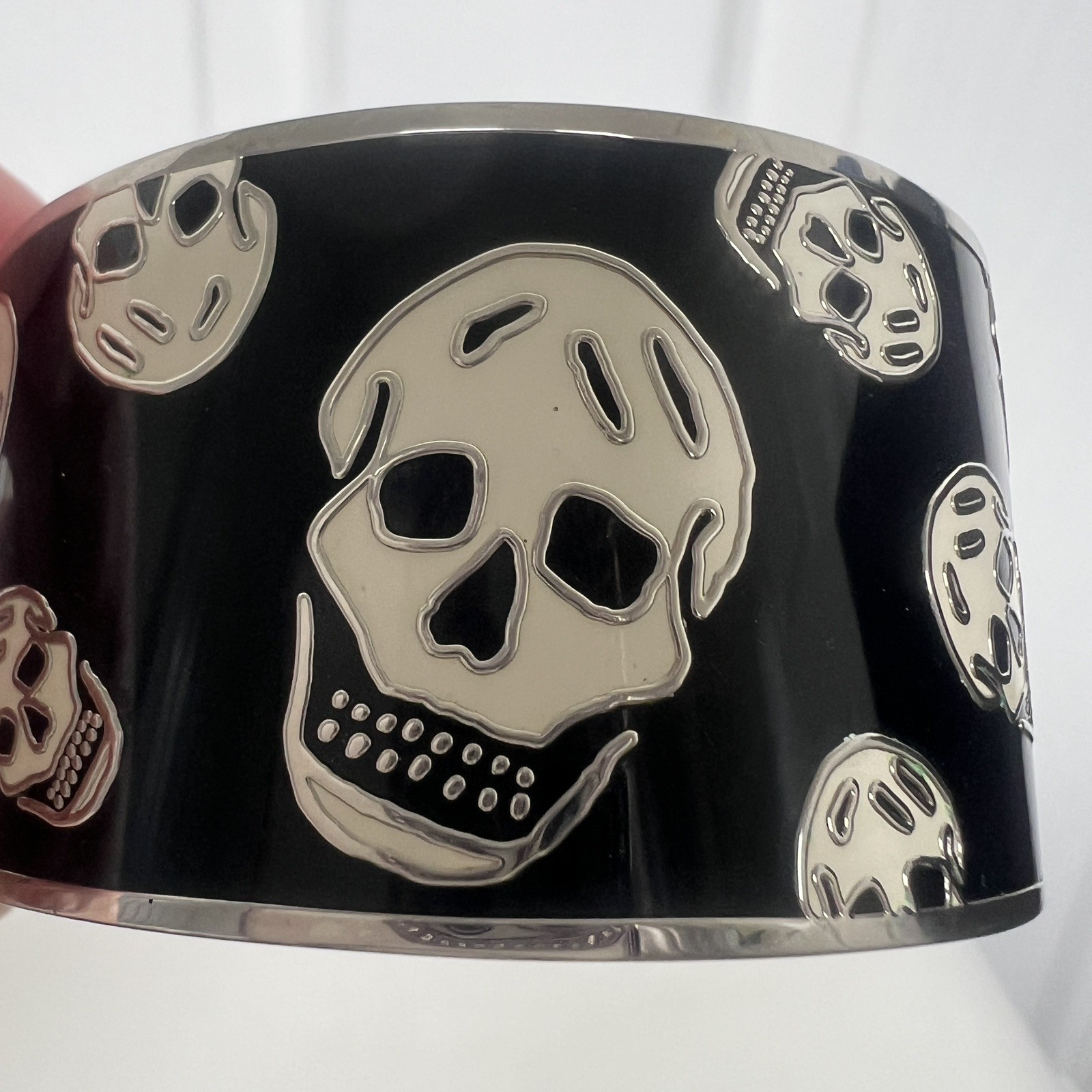 Alexander McQueen Skull Logo Icon Black White Enamel Silver Cuff Bracelet