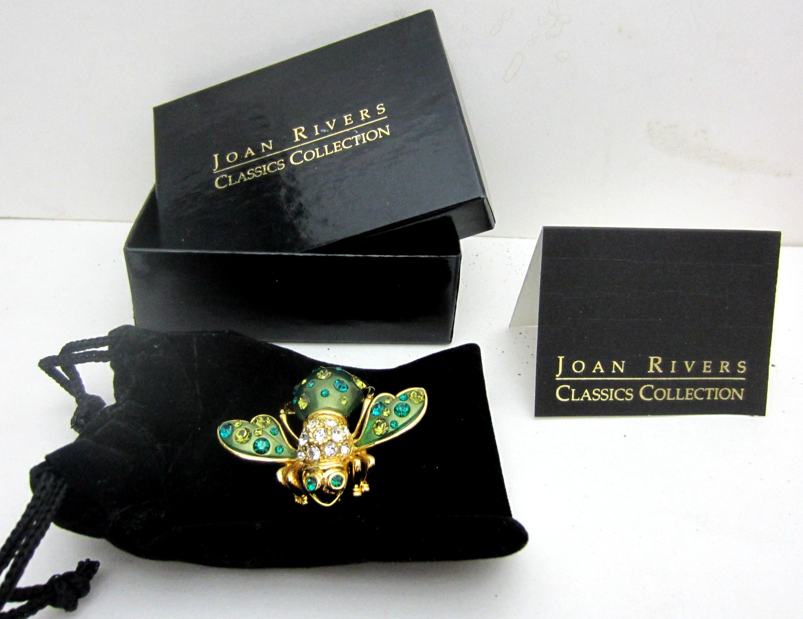 New, Vintage Joan Rivers Cosmic Bee Pin Green Crystal Enameled Gold Jewelry