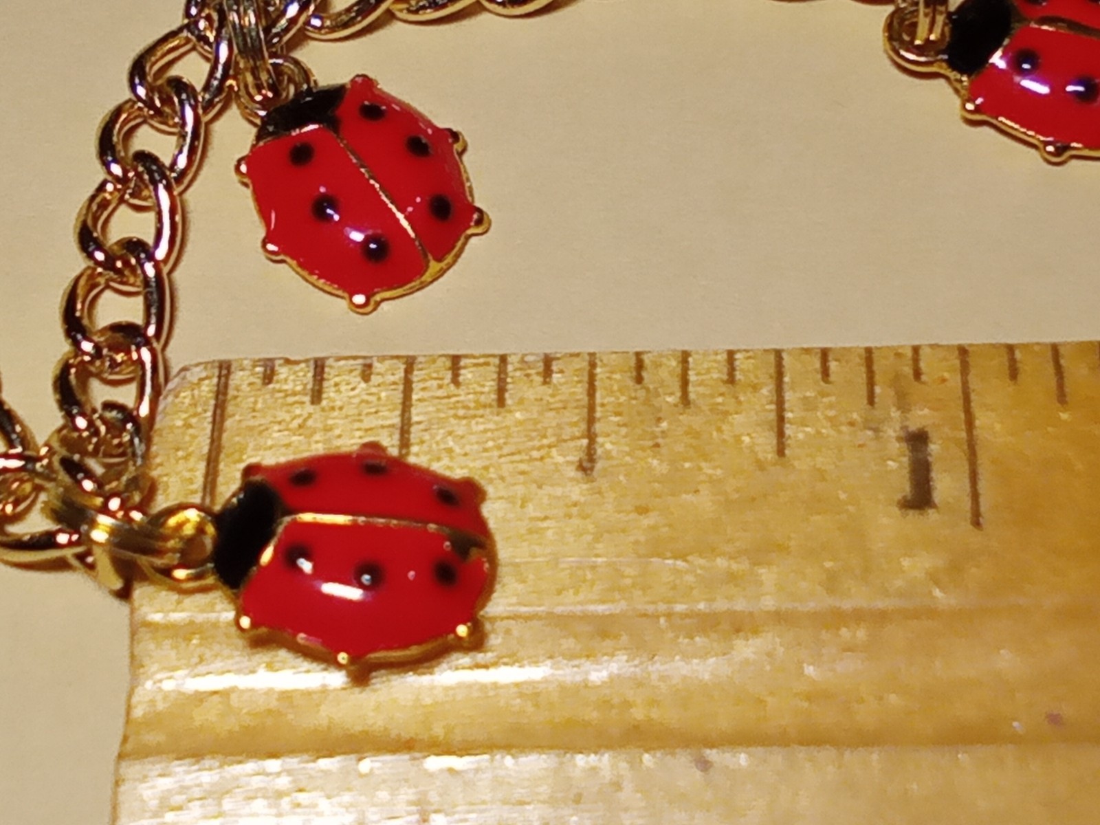 Ladybug Bracelet Gold tone chain 5 red black enamel charms ext chain Summer CUTE
