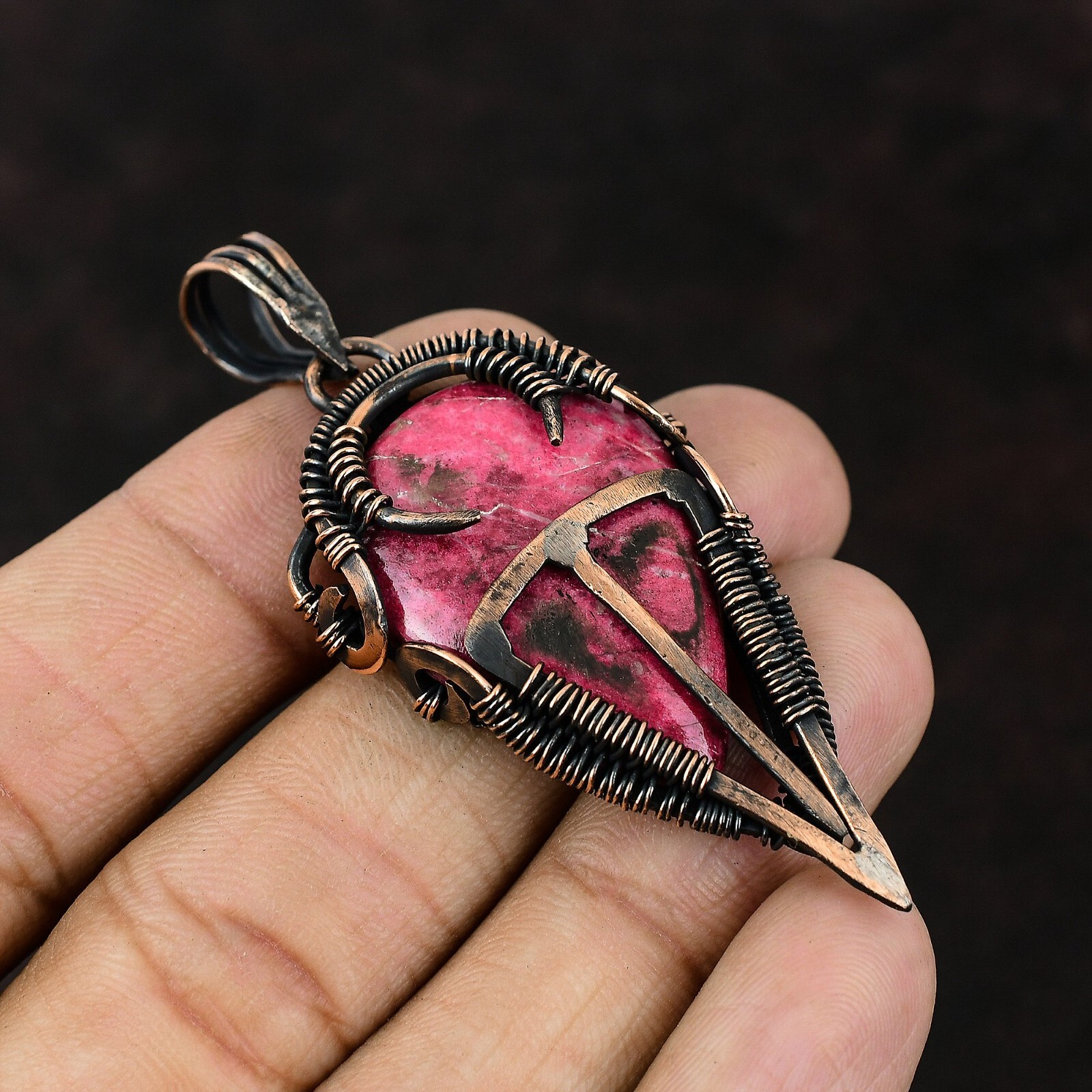 Thulite Gemstone Handmade Jewelry Copper Sister Gift Wire Wrapped Pendant 2.64″