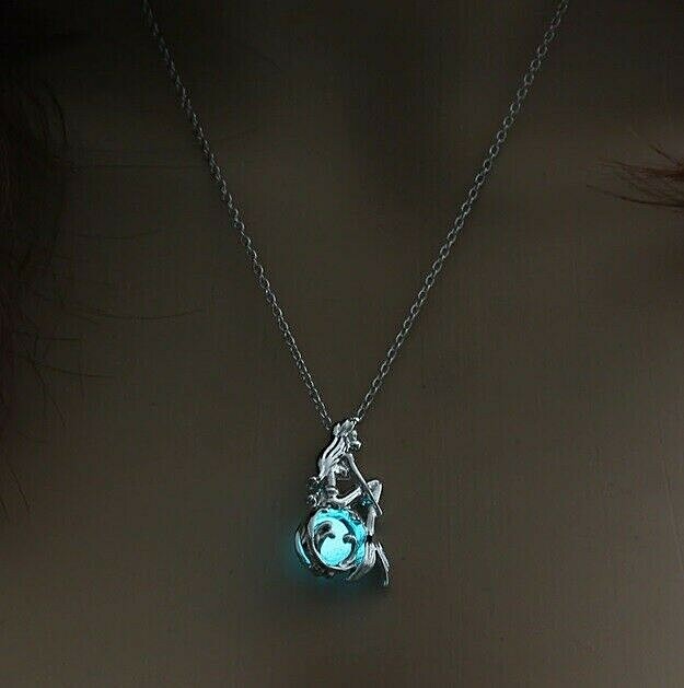 SITTING MERMAID 1-1/4″ x 3/4″ on Glow in the Dark Ball 18″ Necklace Luminous