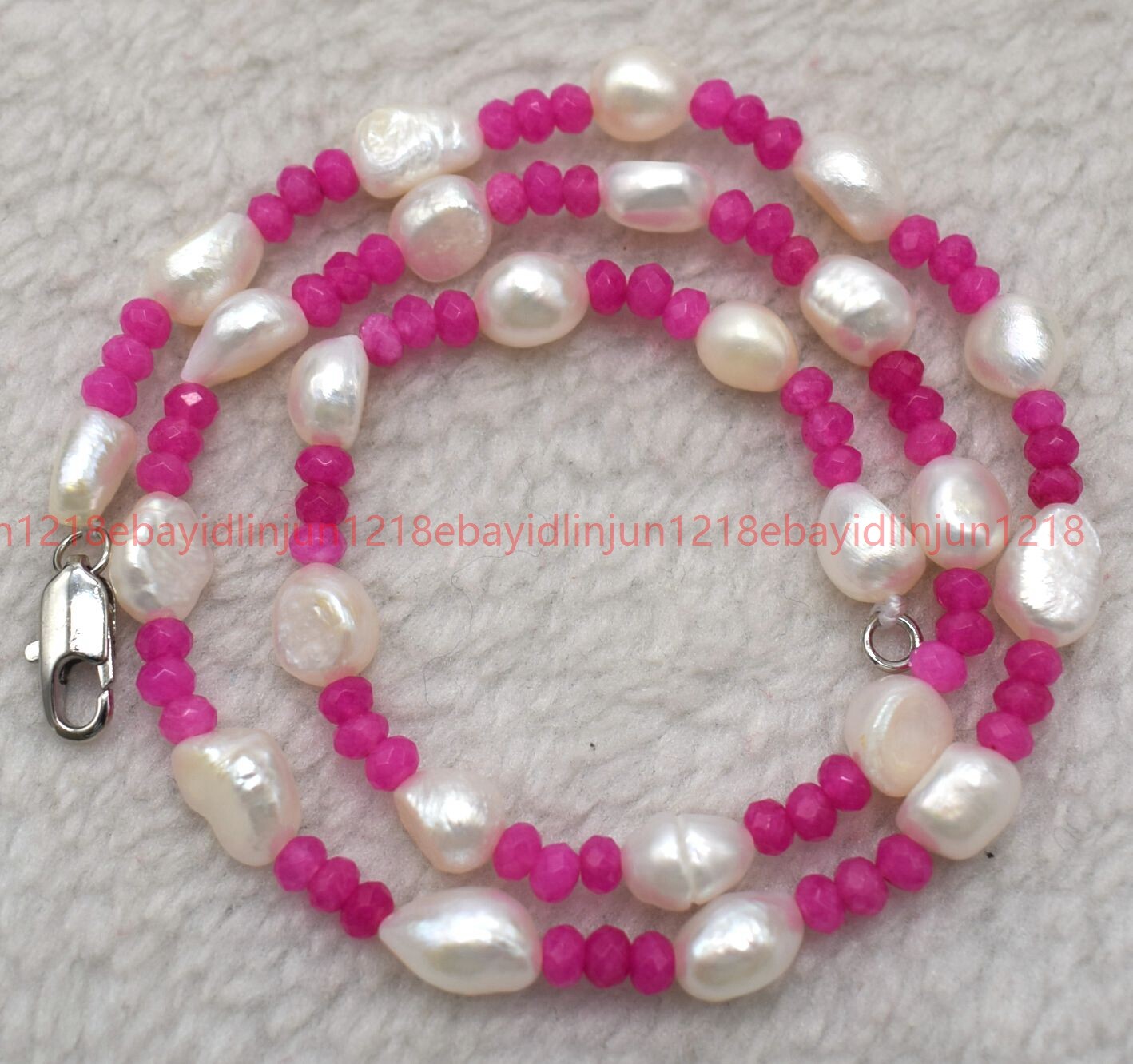 7-8mm White Freshwater Baroque Pearl 2x4mm Rose Red Jade Beads Necklaces 18”