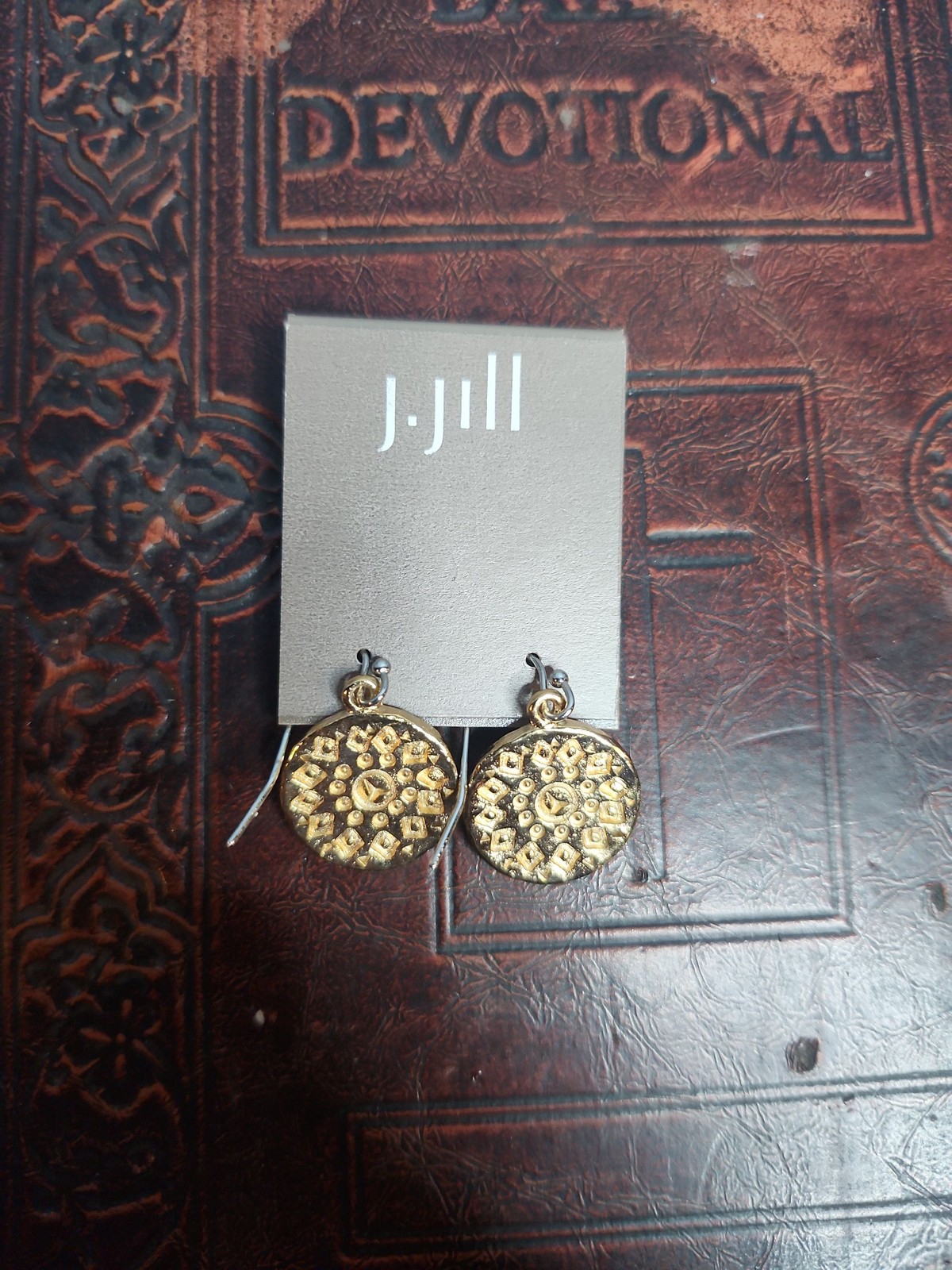 J.Jill Gold Tone Dangle Earrings Textured Round Boho Floral