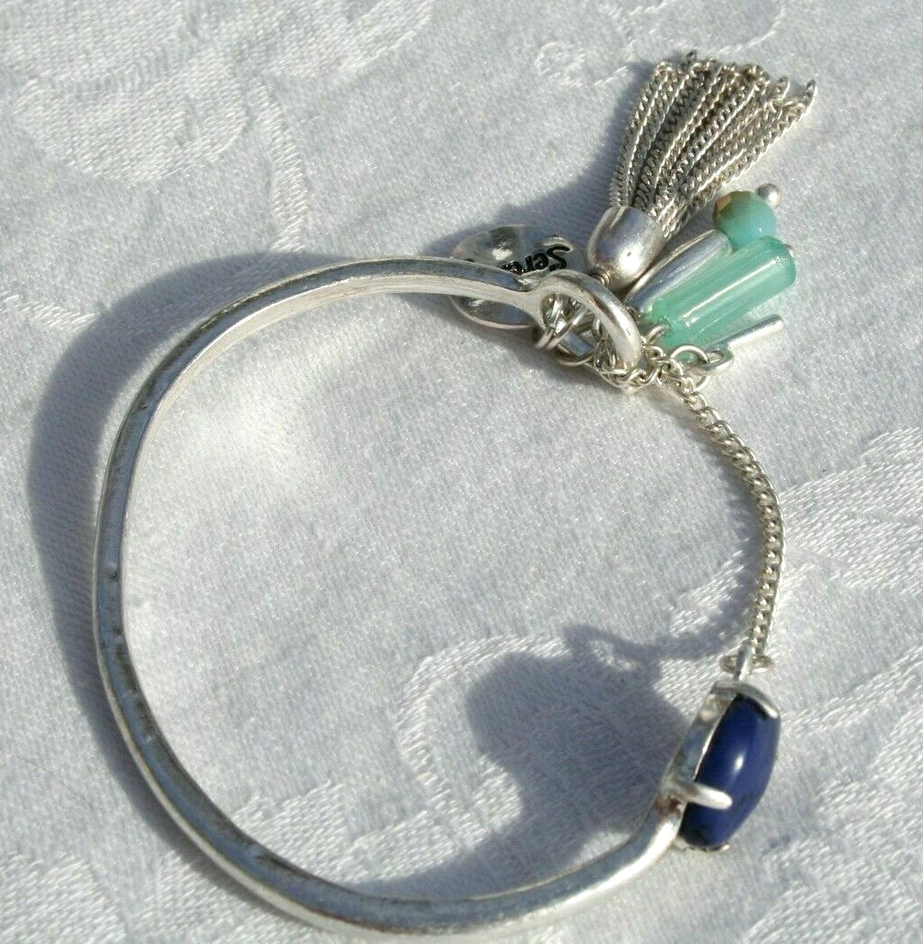 Charm Bracelet Black Cabachon Silver Tone Blue Crystal Dangle Toggle 7.5″