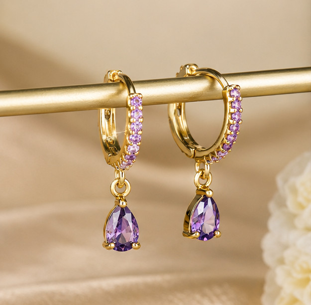 2.00Ct Pear Cut Simulated Amethyst Dangle Hoop Earrings 14K Yellow Gold Plated