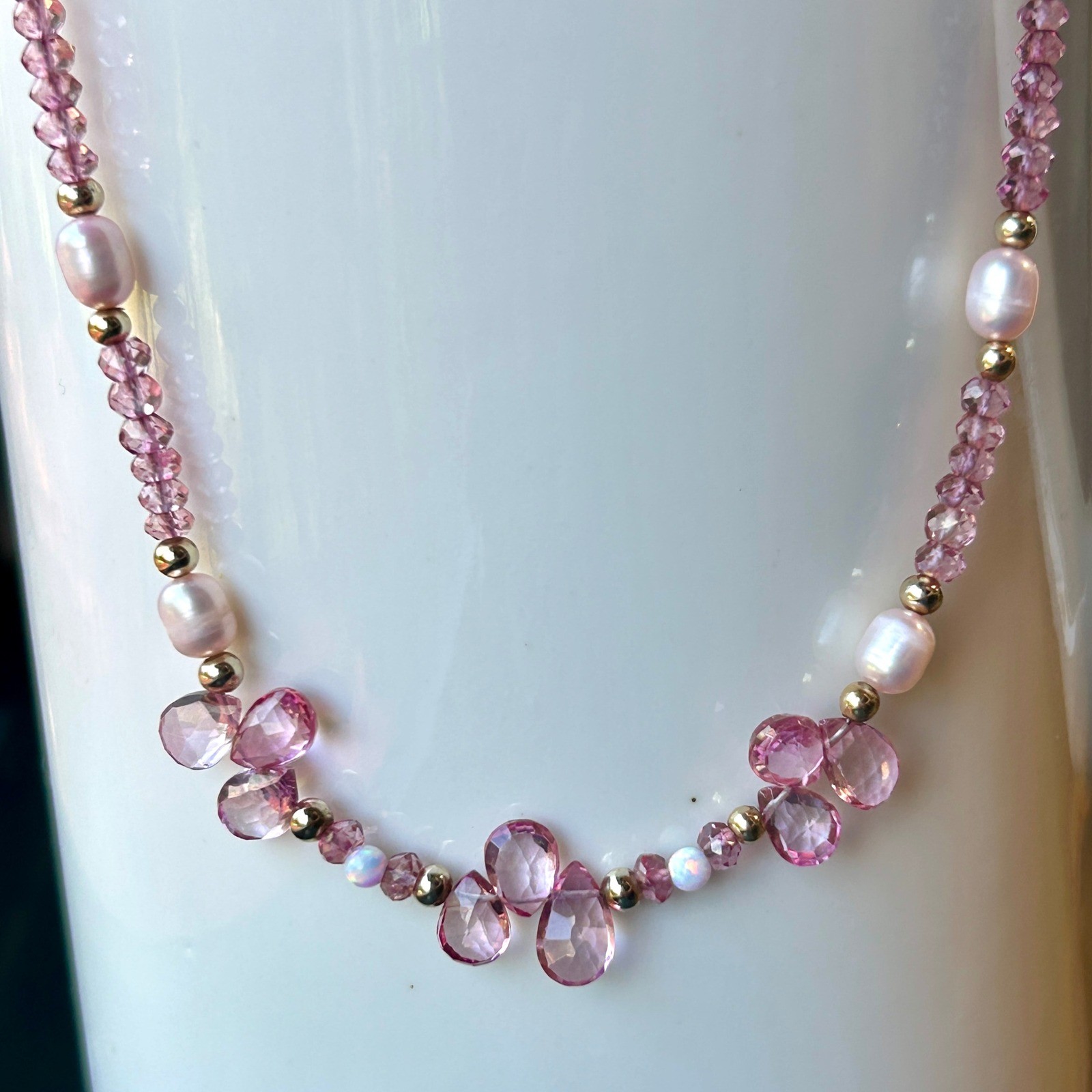 Beaded Necklace Pink Tourmaline Pearl Opal Gold- filled Clasp 16-18″