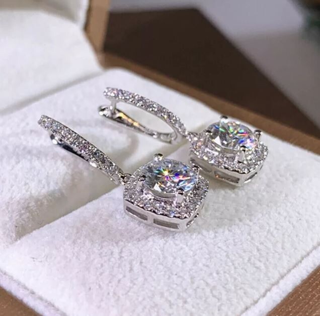 2.10 Ct Round Cut Lab Created Diamond Dangle/Drop Earrings 14k White Gold Finish
