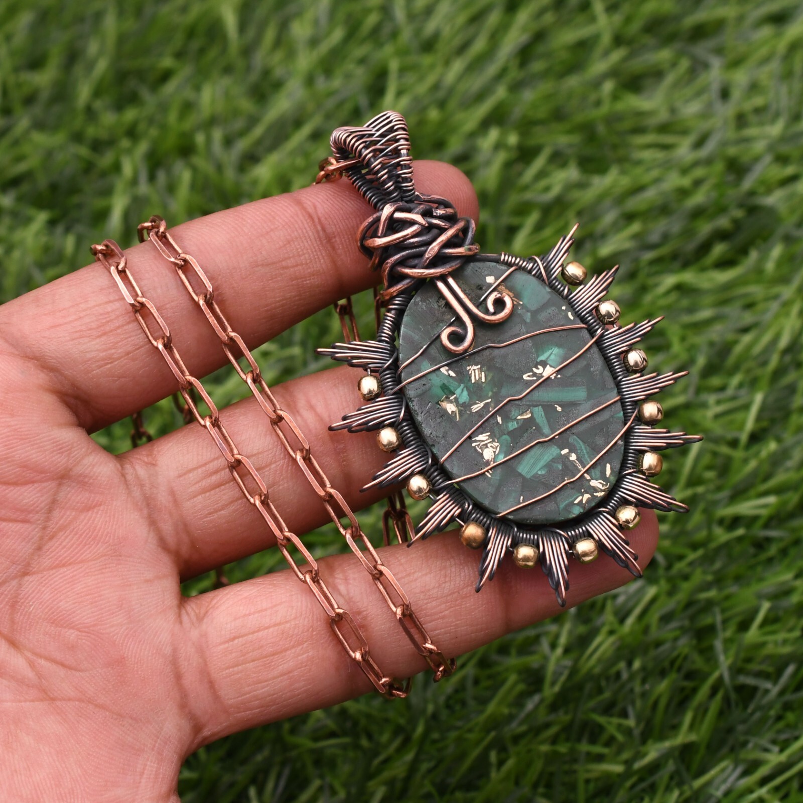 Copper Malachite Gemstone Copper Wire Wrap Handmade Jewelry Pendant 2.28″