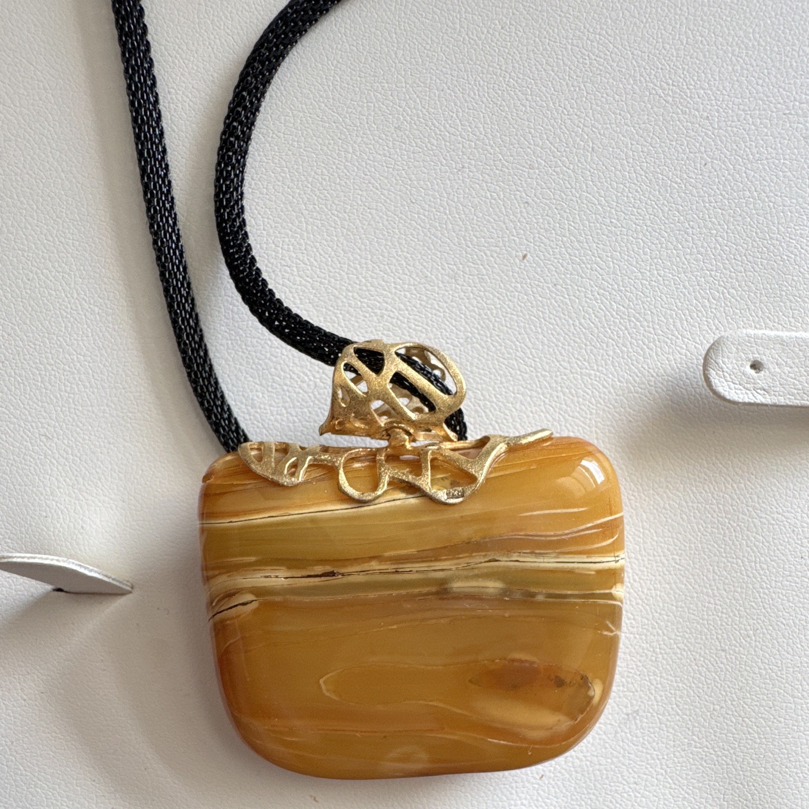S&A Baltic Natural Amber Pendant Necklace Gold Tone Bezel Black Cord COA