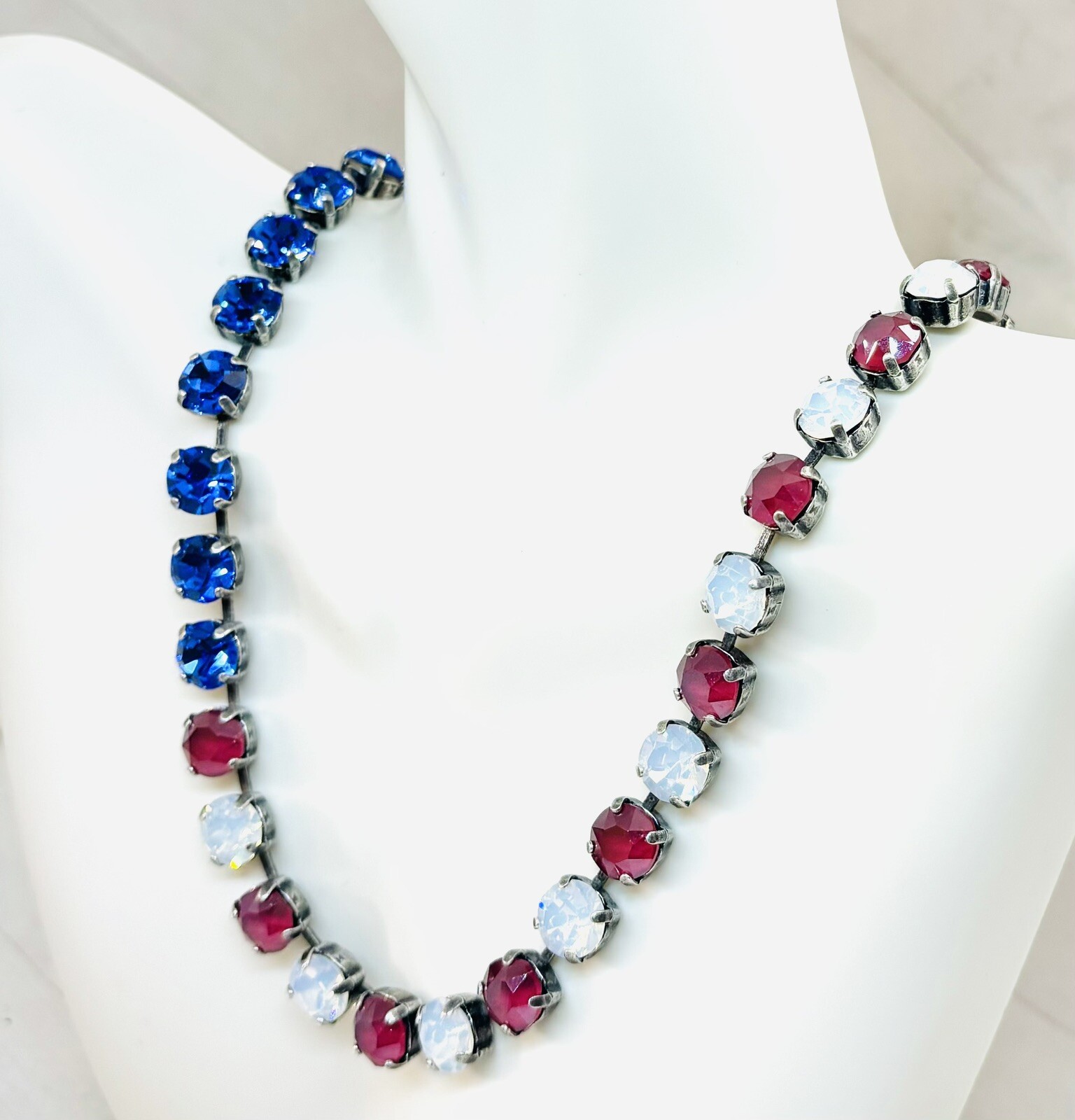 Red, White, and Blue Crystal Cup Chain Necklace Patriotic Necklace Silver Plated