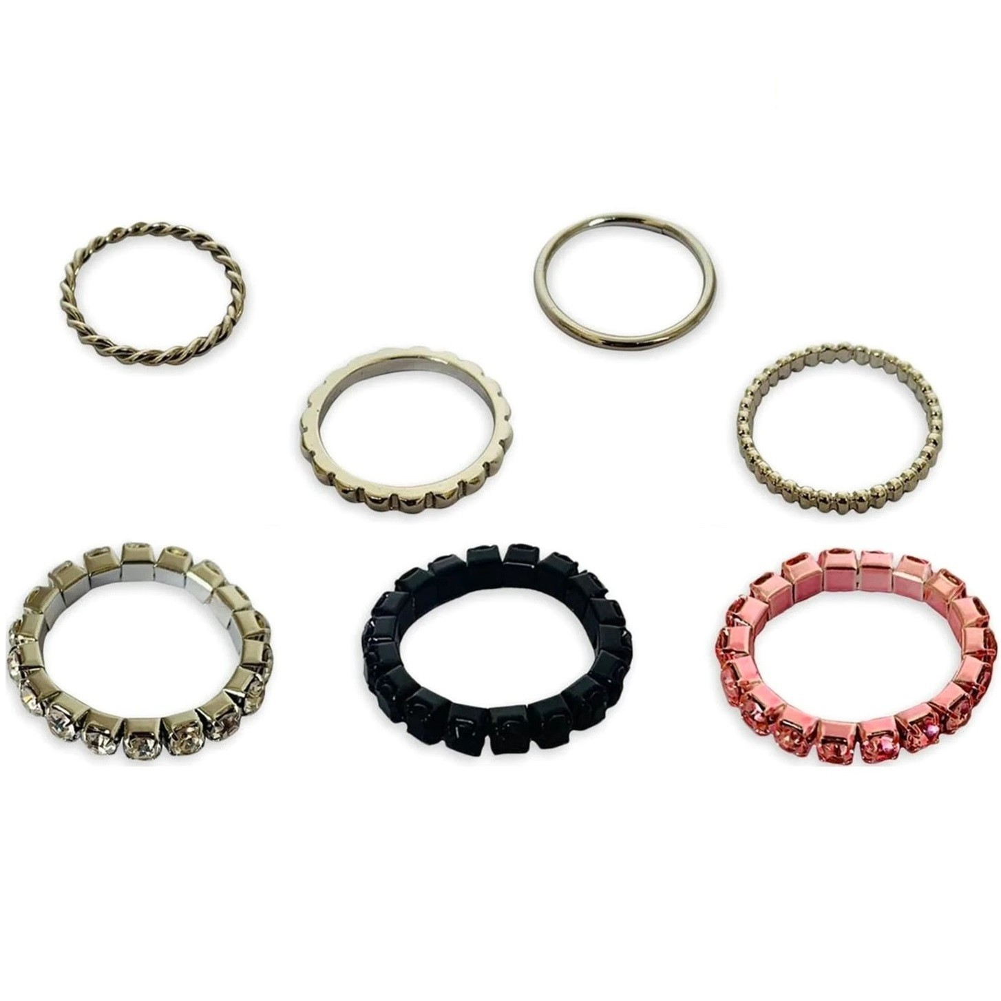 NO BOUNDARIES Women’s 7-PC RING SET Mixed Metal Stretch Pave ~ New on Card