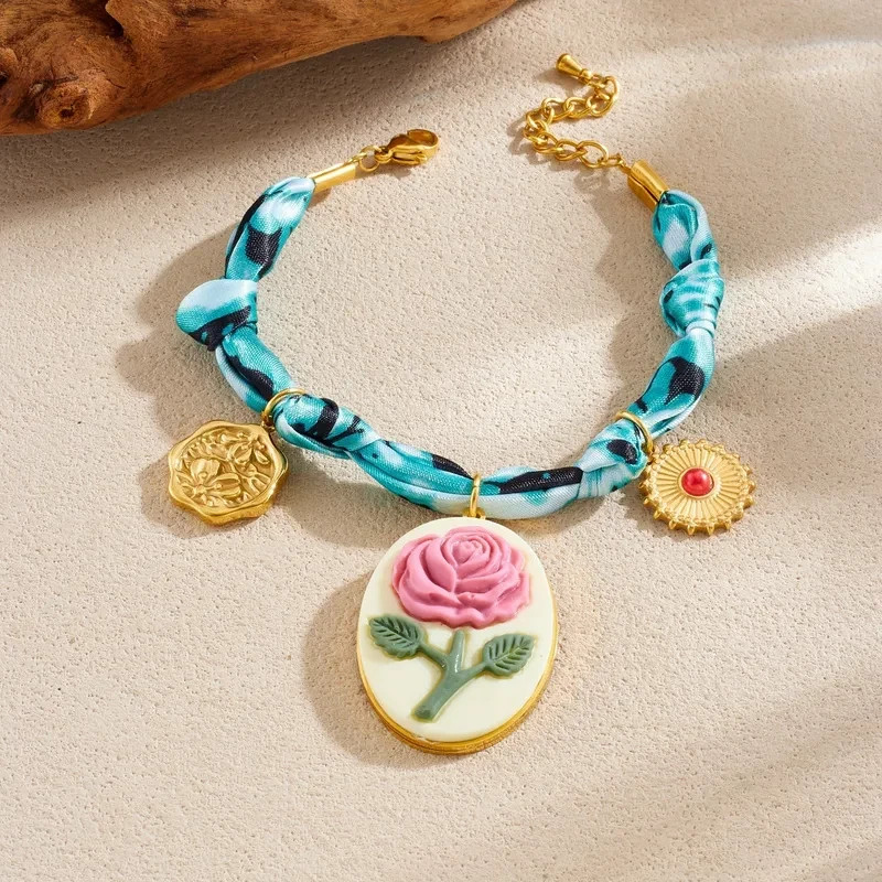 Charm Anklet Bracelet Twisted Braided Scarf Bandana Gold Plated Flower Charms