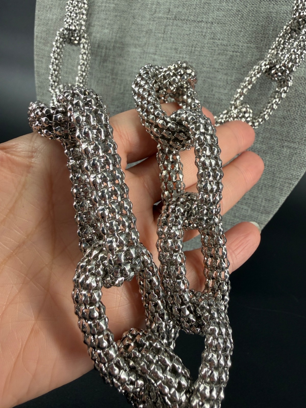 Silver Tone Mesh Chain Link Necklace Chunky Bold Statement 44″ 2010s