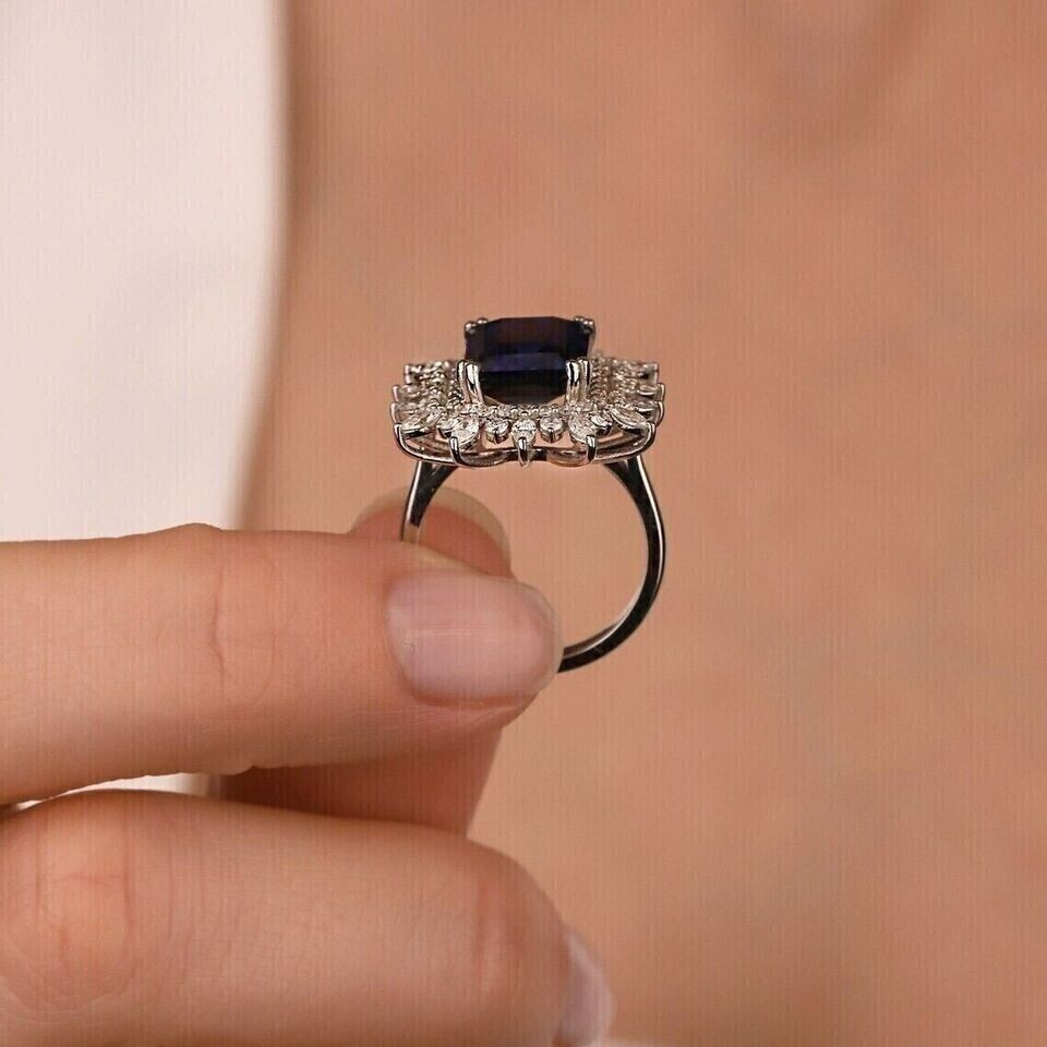 Emerald Cut Simulated Sapphire Women’s Gorgeous Fancy Ring 14K White Gold Plated