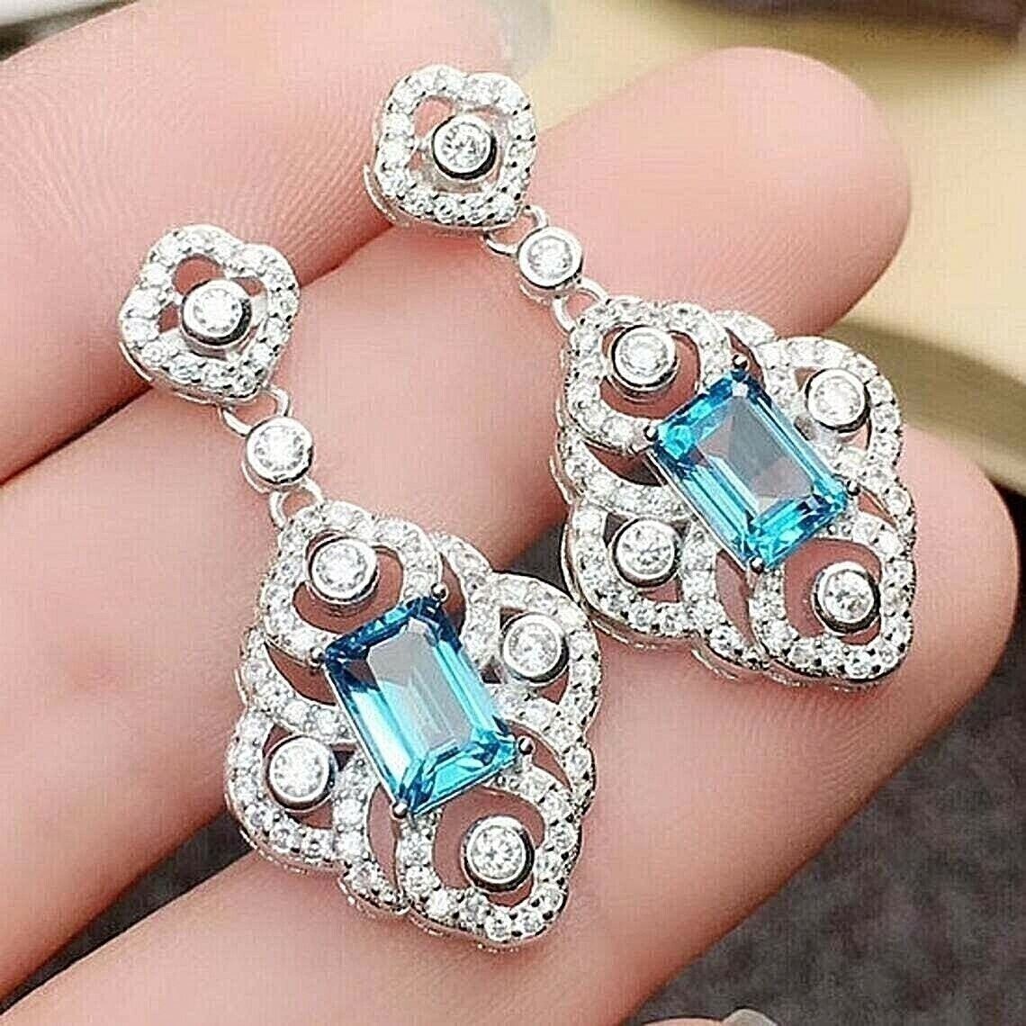 2.50Ct Emerald Simulated Aquamarine Drop & Dangle Earrings 14K White Gold Plated
